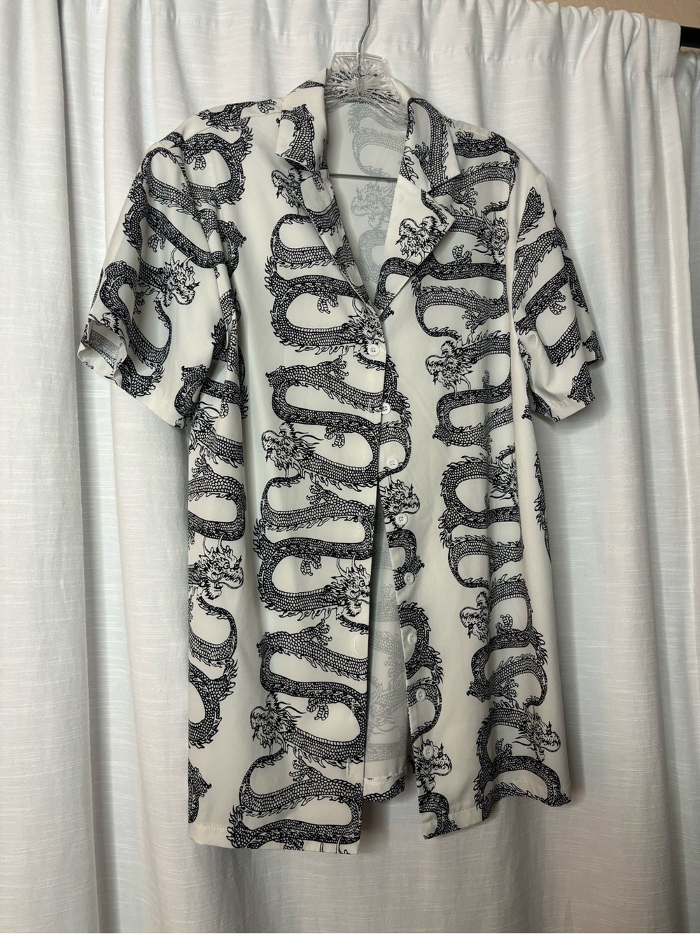 Black Dragon Print Button-Up Shirt